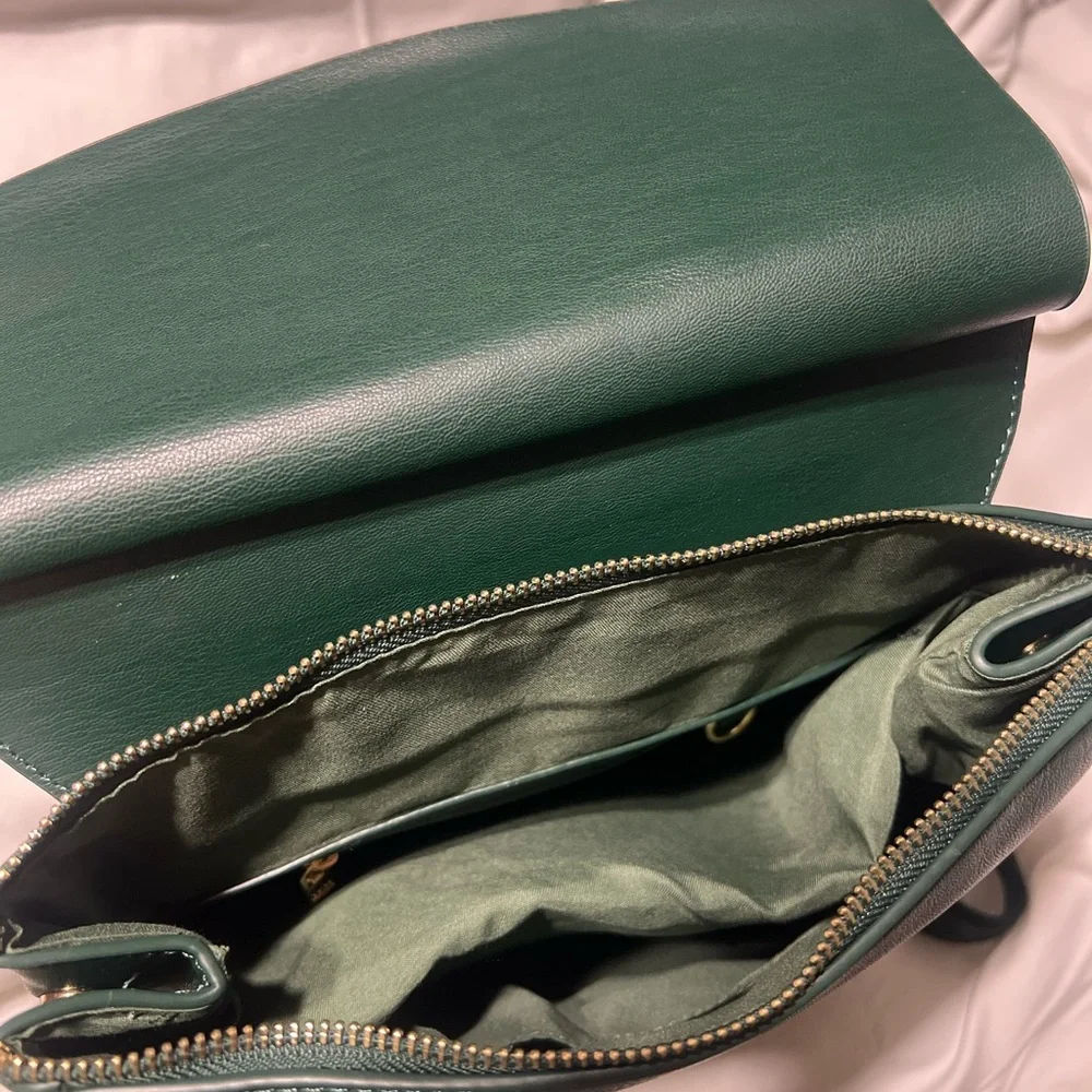 Badgley Mischka Green Leather Backpack with Gold Emblem - Picture 3 of 4